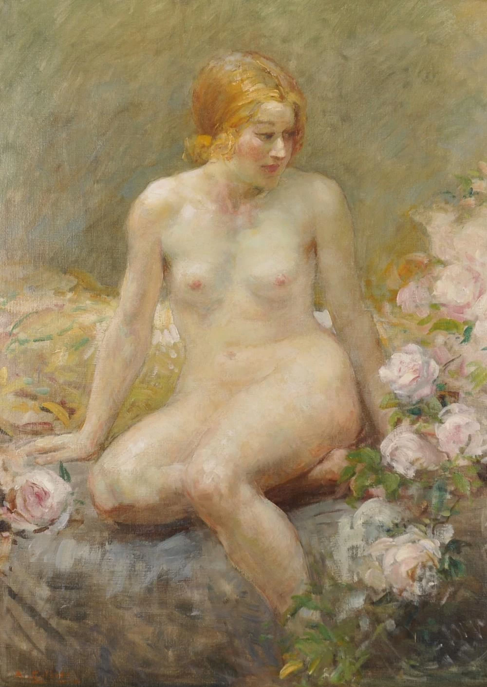 Ritratto di una donna nuda circondata da rose